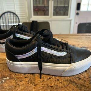 Vans Holo Black Leather Platforms with Iridescent Stripe
